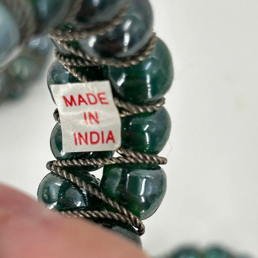 Vintage Beaded Napkin Rings Set of 5 Green Glass Silver Wire Boho Made in India
